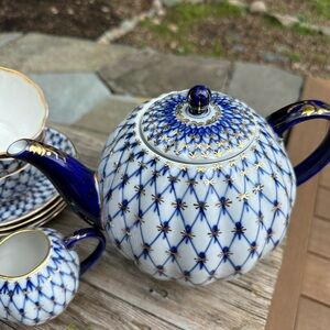 LOMONOSOV IMPERIAL PORCELAIN TEA SET SERVICE TULIP COBALT collectible/ Russia